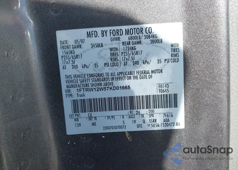 2007 Ford F150 Xlt из США, поврежденный, VIN 1FTRW12W57KD01665